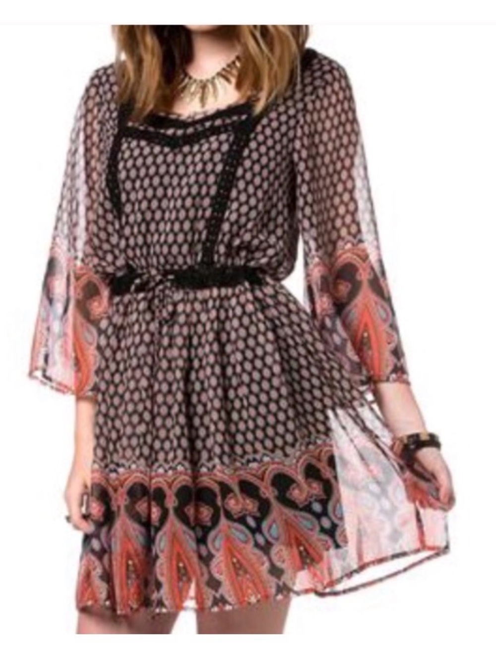 Miss Me Sheer Paisley Border Boho Dress